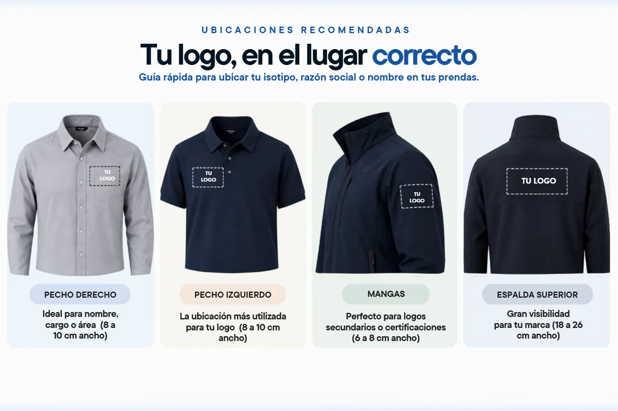 Ejemplos de ubicación del logo en prendas: pecho derecho, pecho izquierdo, mangas y espalda superior. La posición y el tamaño se confirman para cada modelo.